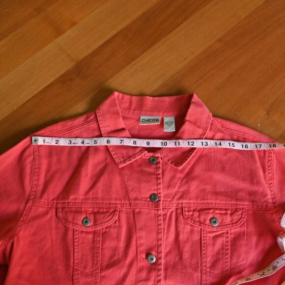 Chico's Y2K 90s Retro Biker Front Button Classic Fit Red Denim Jean Jacket Sz 3 - Picture 14 of 16